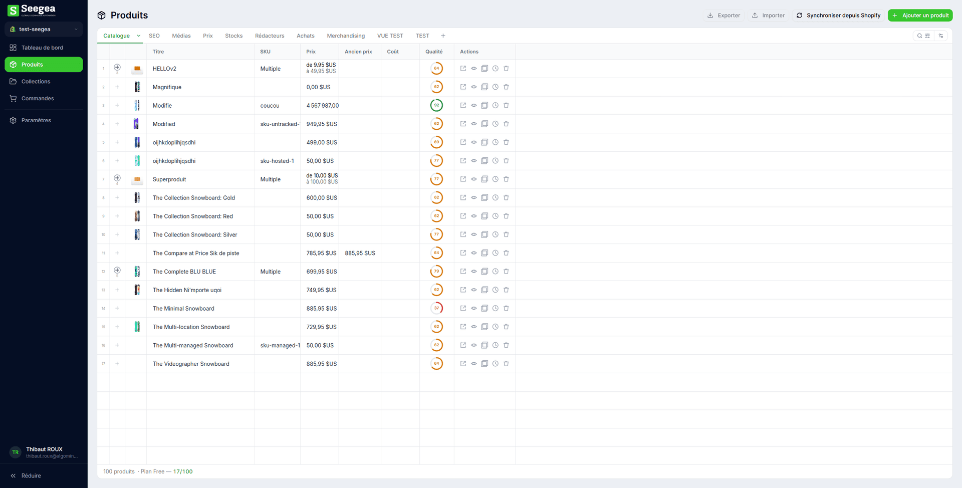 Product grid — Edit titles, prices, stock, descriptions and SEO in an intuitive tabular interface.