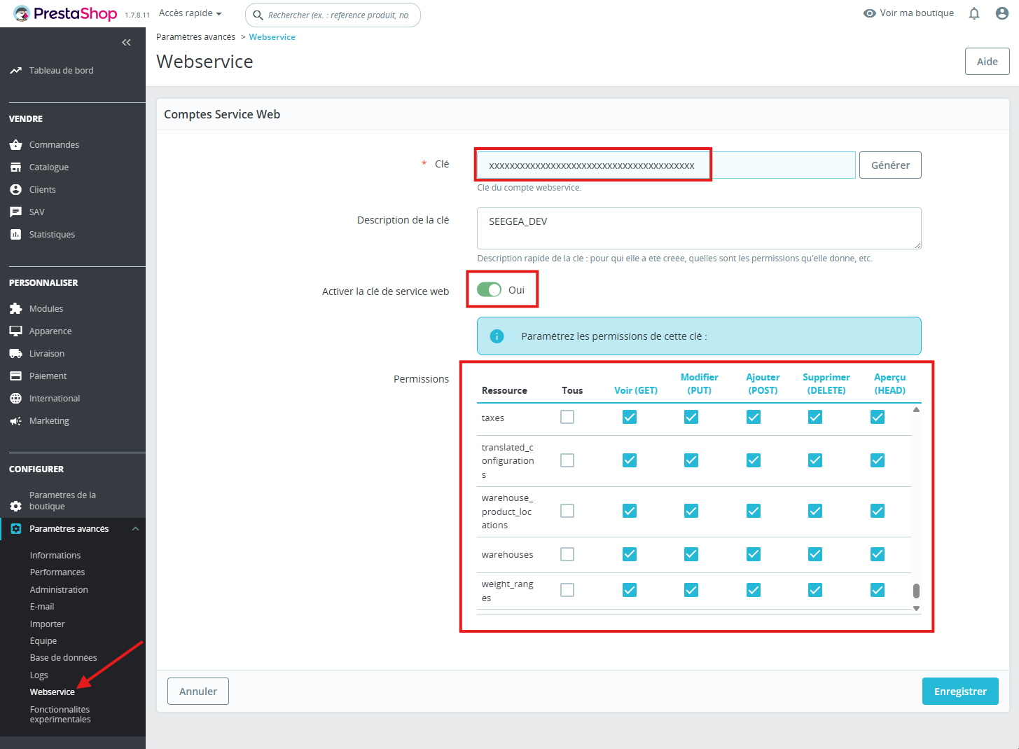 Créer une clé de service web