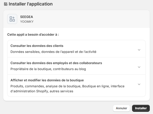 A confirmation window appears with the requested permissions. Click "Install".